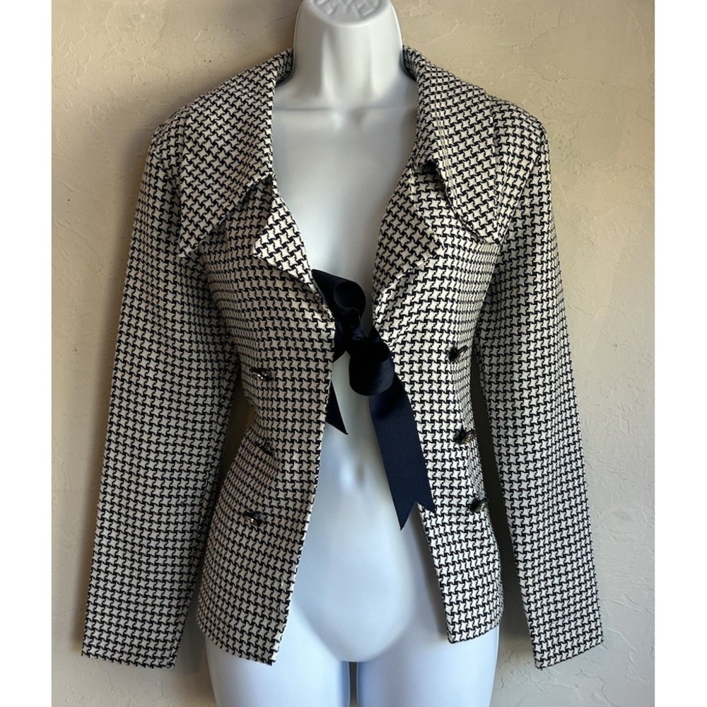 Vintage Double Breasted Houndstooth Blazer Jacket S Bow Preppy Academia Feminine